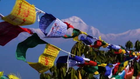 Colorful Prayer flags in the mountains Stock Footage 247199126