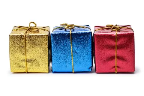 Colorful present boxes isolated over white background Stock Photos