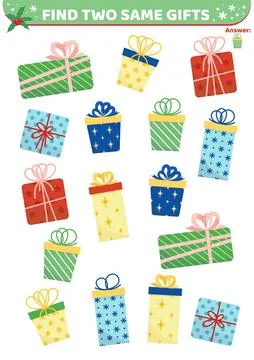 Colorful presents. Find two same pictures. Game for children. Flat, cartoon Stock Illustration