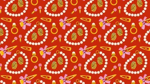 Colorful printable seamless vector pattern with gold jewelry and accessory. Stock Illustration