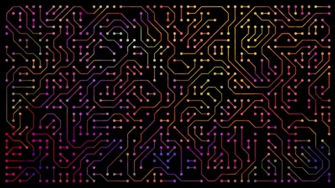 Colorful printed circuit board pattern, network of lines and nodes creates Stock Footage 322775938