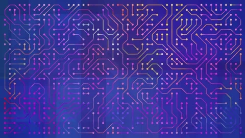 Colorful printed circuit board pattern forming a digital network on a purple Stock Footage 324495084