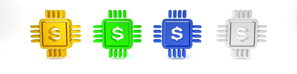 Colorful Processor chip with dollar icon isolated on white background. CPU .. 库存照片