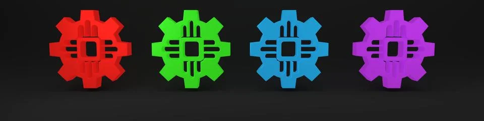 Colorful Processor icon isolated on black background. CPU, central processi.. Illustrazione stock