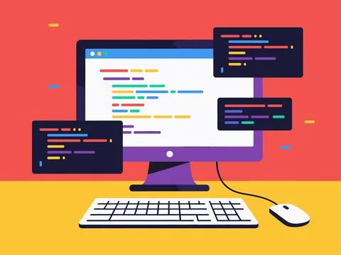 Colorful programming interface computer desktop screen displaying diverse code Иллюстрация