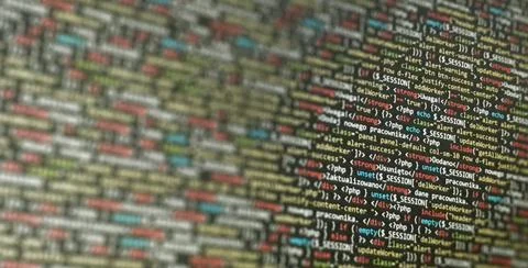 Colorful programming php and html code on a monitor. PHP language code closeu Stockfoto's