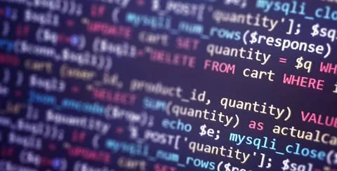 Colorful programming php and html code on a monitor. PHP language code closeu Stock Photos