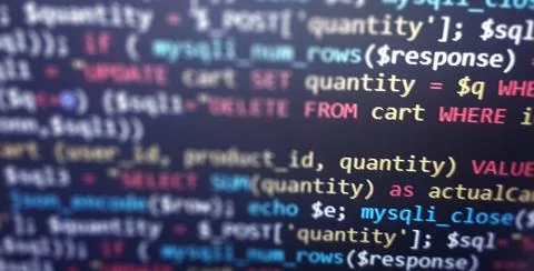 Colorful programming php and html code on a monitor. PHP language code closeu Stockfoto's