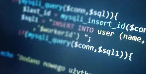 Colorful programming php and html code on a monitor. PHP language code closeu Stock Photos