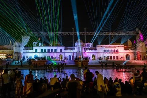 Colorful Projection Mapping Event At Ram Ki Paidi During Spiritual Festival.. Stock Photos