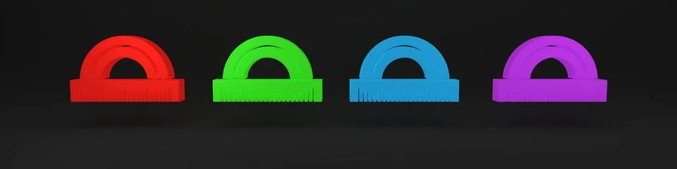 Colorful Protractor grid for measuring degrees icon isolated on black backg.. Stock Illustration