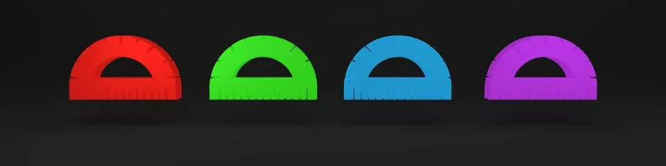 Colorful Protractor grid for measuring degrees icon isolated on black backg.. Stock Illustration