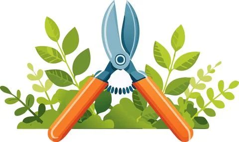 Colorful pruning shears cutting green branches with vibrant leaves, illustr.. Stock Illustration