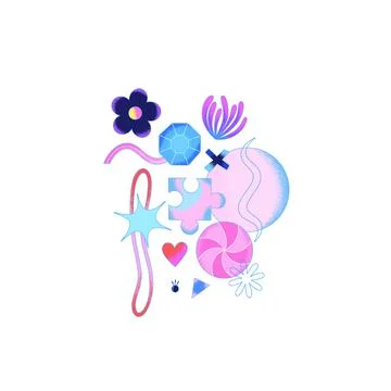 Colorful psychedelic abstract composition with different shapes and flowers.. Stock-Illustration