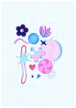 Colorful psychedelic abstract poster with different shapes, flowers and blue  Stock Illustration
