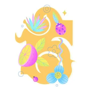 Colorful psychedelic composition with citrus fruit, flowers, ladybug and ye.. Stock Illustration