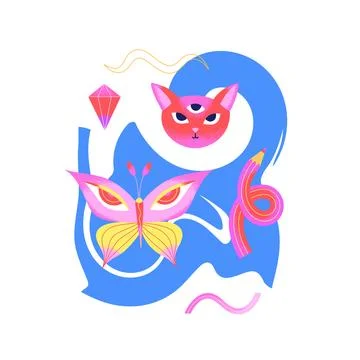 Colorful psychedelic composition with head of three-eyed cat, butterfly, penc Stock Illustration