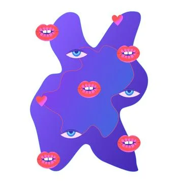 Colorful psychedelic composition with lips, eyes, hearts and wavy blue back.. Illustrazione stock