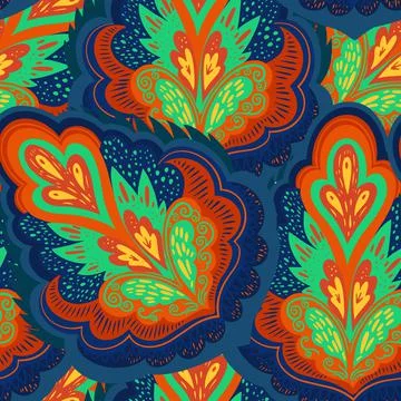 Colorful psychedelic ornamental pattern with abstract lace plant elements. Illustrazione stock