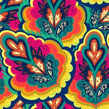 Colorful psychedelic ornamental pattern with abstract lace plant elements. 스톡 일러스트