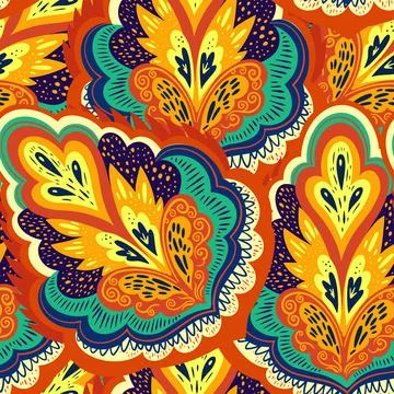 Colorful psychedelic ornamental pattern with abstract lace plant elements. 스톡 일러스트