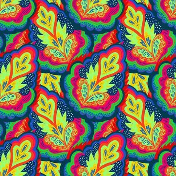 Colorful psychedelic ornamental pattern with abstract lace plant elements. Stock Illustration