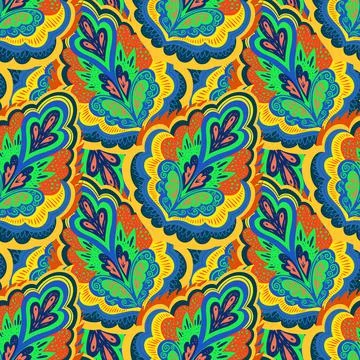 Colorful psychedelic ornamental pattern with abstract lace plant elements. 스톡 일러스트