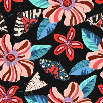 Colorful psychedelic pattern with abstract tropical flowers and moths for fabric Stock-Illustration
