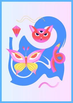 Colorful psychedelic poster with head of three-eyed cat, butterfly, pencil an Stock Illustration