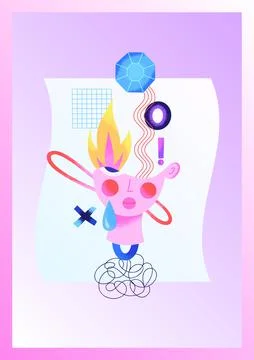 Colorful psychedelic poster with human head, different abstract shapes and pu Stock Illustration
