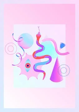 Colorful psychedelic poster with snake, abstract and geometric shapes and pin Stock Illustration