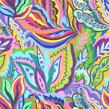 Colorful psychedelic seamless pattern with abstract ornamental floral. Hand.. 库存插图
