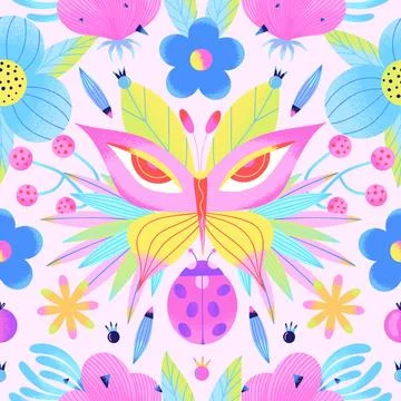 Colorful psychedelic seamless pattern with butterfly, flowers, berries, ladyb Stock Illustration
