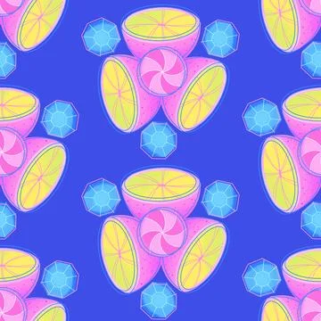 Colorful psychedelic seamless pattern with citrus fruit and diamonds on a blu Illustrazione stock