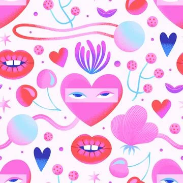 Colorful psychedelic seamless pattern with hearts, pink flowers, eyes, lips,  Stock Illustration