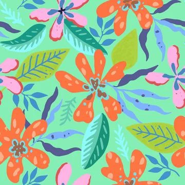 Colorful psychedelic tropical seamless pattern with red and orange flowers. Illustrazione stock