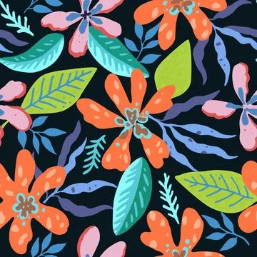 Colorful psychedelic tropical seamless pattern with red and orange flowers. Stock Illustration