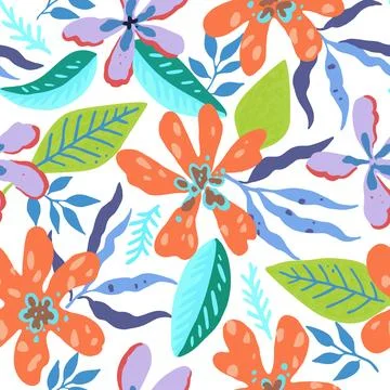 Colorful psychedelic tropical seamless pattern with red and orange flowers. Stock-Illustration