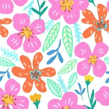 Colorful psychedelic tropical seamless pattern with red and orange flowers. Stock-Illustration