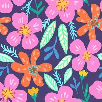Colorful psychedelic tropical seamless pattern with red and orange flowers. Stock Illustration