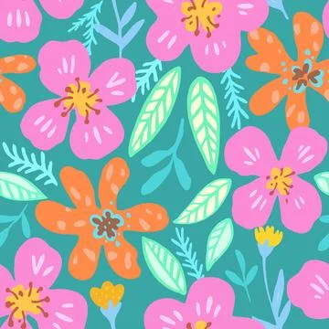 Colorful psychedelic tropical seamless pattern with red and orange flowers. Stock-Illustration