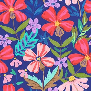 Colorful psychedelic tropical seamless pattern with red and orange flowers. Stock-Illustration