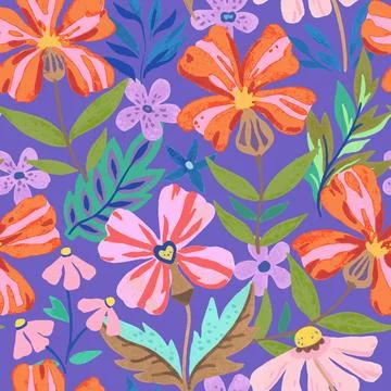Colorful psychedelic tropical seamless pattern with red and orange flowers. Stock-Illustration