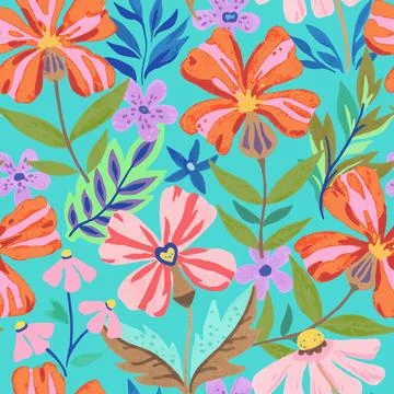 Colorful psychedelic tropical seamless pattern with red and orange flowers. Stock Illustration