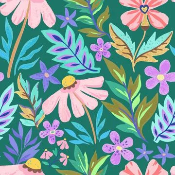 Colorful psychedelic tropical seamless pattern with red and orange flowers. Illustrazione stock