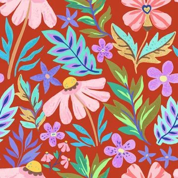 Colorful psychedelic tropical seamless pattern with red and orange flowers. Stock Illustration