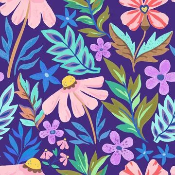 Colorful psychedelic tropical seamless pattern with red and orange flowers. Illustrazione stock