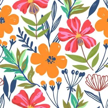 Colorful psychedelic tropical seamless pattern with red and orange flowers. Stock Illustration