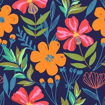 Colorful psychedelic tropical seamless pattern with red and orange flowers. Stock Illustration