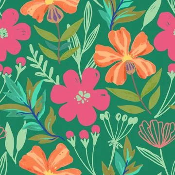 Colorful psychedelic tropical seamless pattern with red and orange flowers. Stock-Illustration